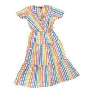 J.Crew Rainbow Plaid Seersucker Tiered Midi Dress Colorful Party Women’s Size 6